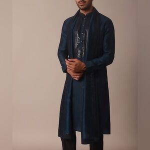 Navy Blue Kurta Set With Sequin Embroidered Yoke And Dupatta
